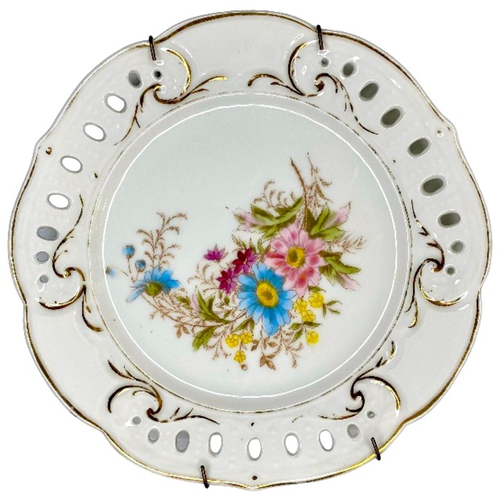 Vintage Porcelain Plate Floral Pattern Gold Trim Hand Painted Wall Decoration .
